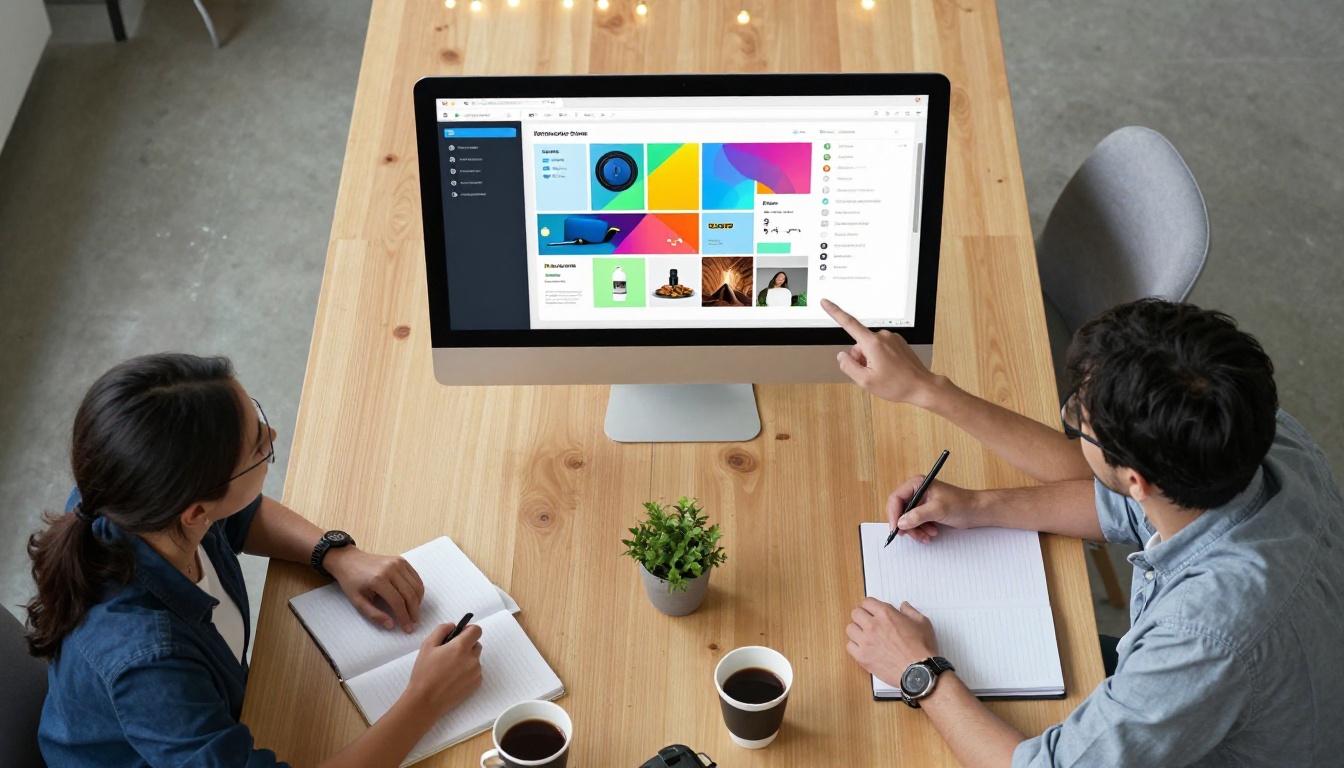 A creative team gathered around a large monitor reviewing an interactive digital catalog together