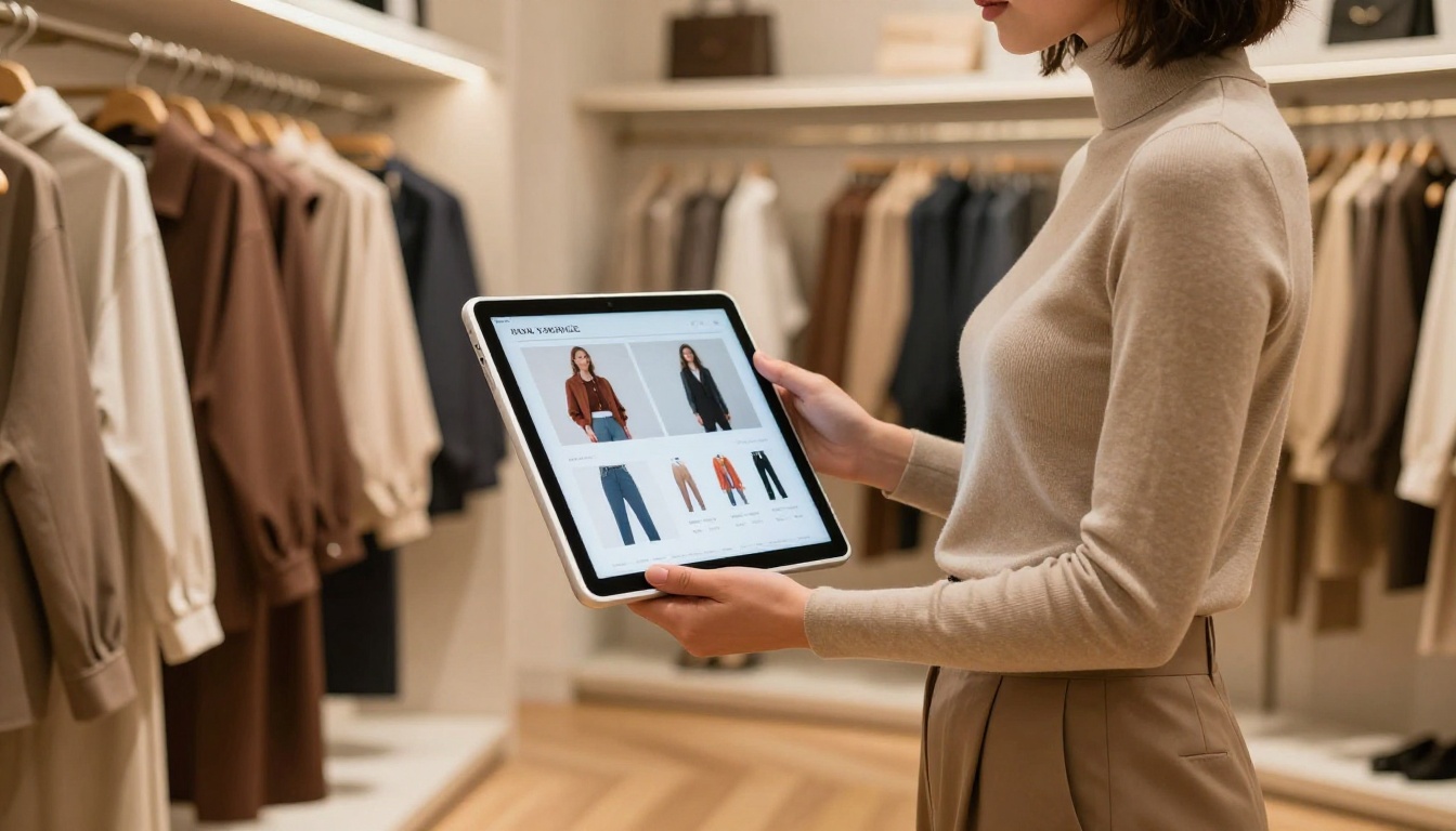 A saleswoman showing an interactive fashion catalog on an iPad inside a clothing boutique
