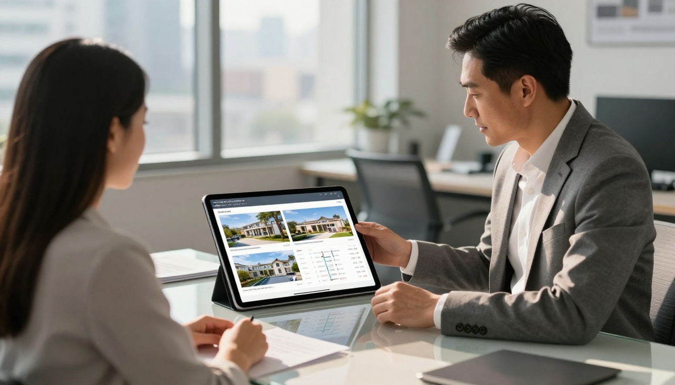A real estate agent presenting a digital property catalog on an iPad to clients at an office desk