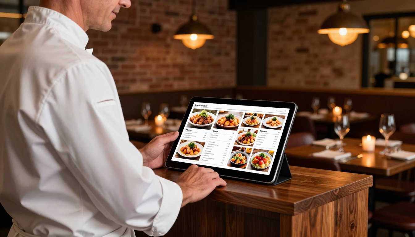 A restaurant owner reviewing an interactive digital menu on an iPad at the host station inside the restaurant