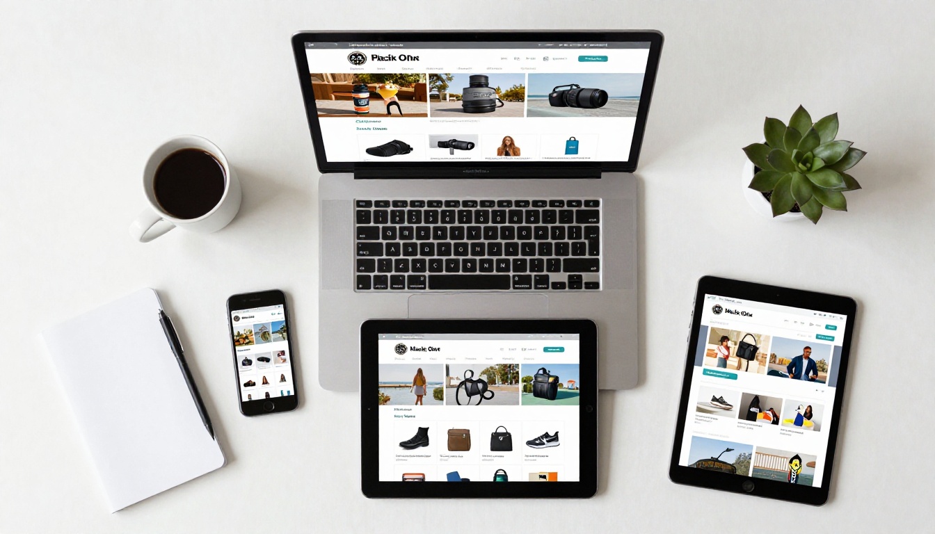 An interactive digital catalog displayed on MacBook, iPad, and iPhone together on a clean white workspace