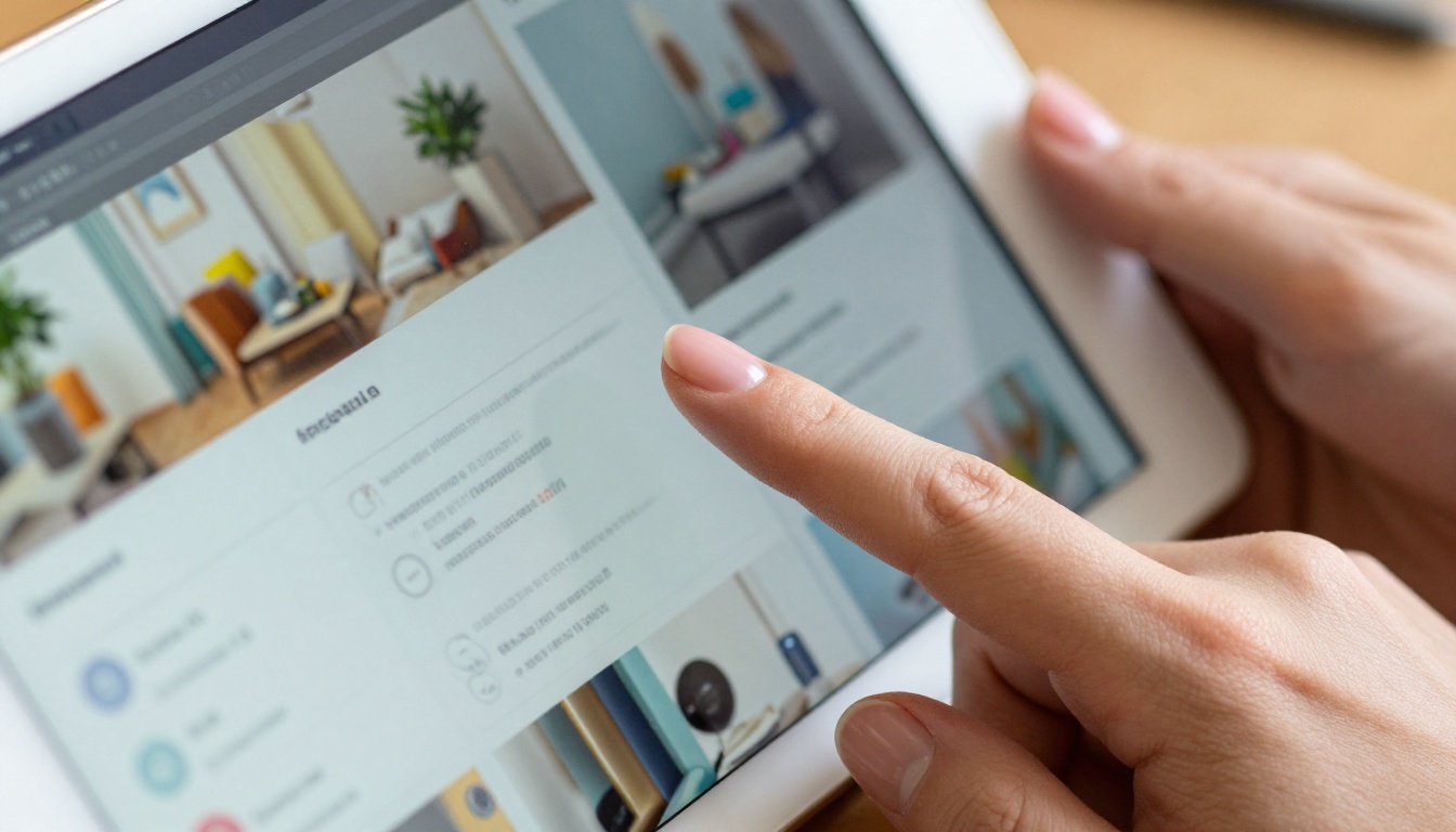 Close-up of a hand with manicured nails touching an interactive hotspot on a digital catalog displayed on an iPad