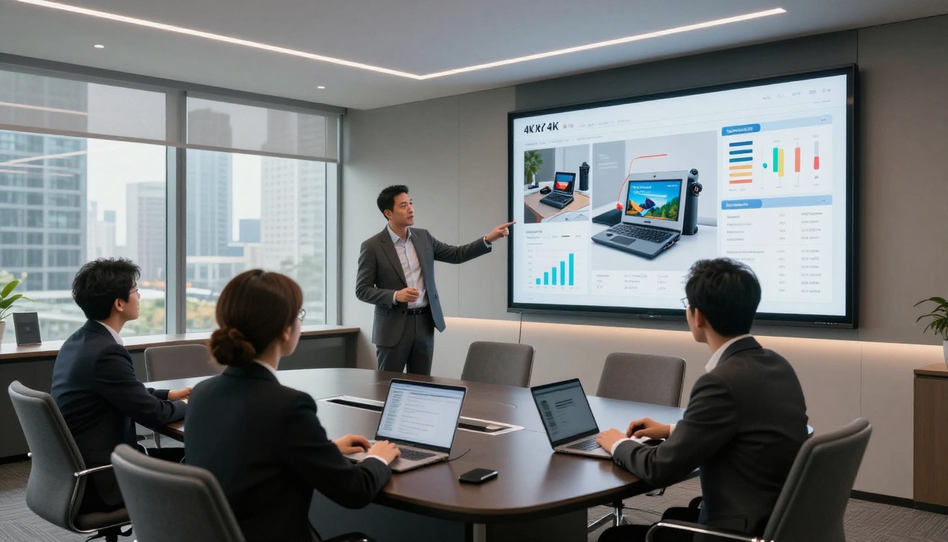 A business presenter showing an interactive digital catalog on a large boardroom display to a seated team