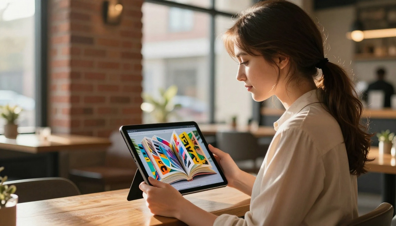 Woman holding tablet with digital flipbook in cafe