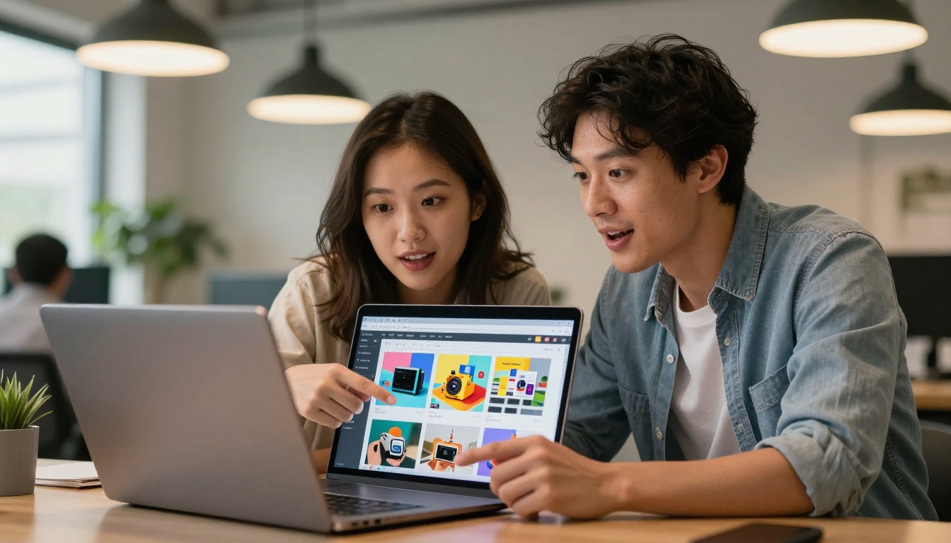 Two colleagues reviewing flipbook on laptop together