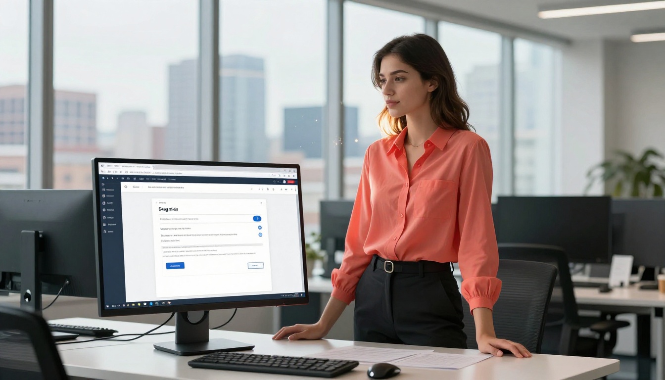 Woman uploading PDF on large monitor with city view