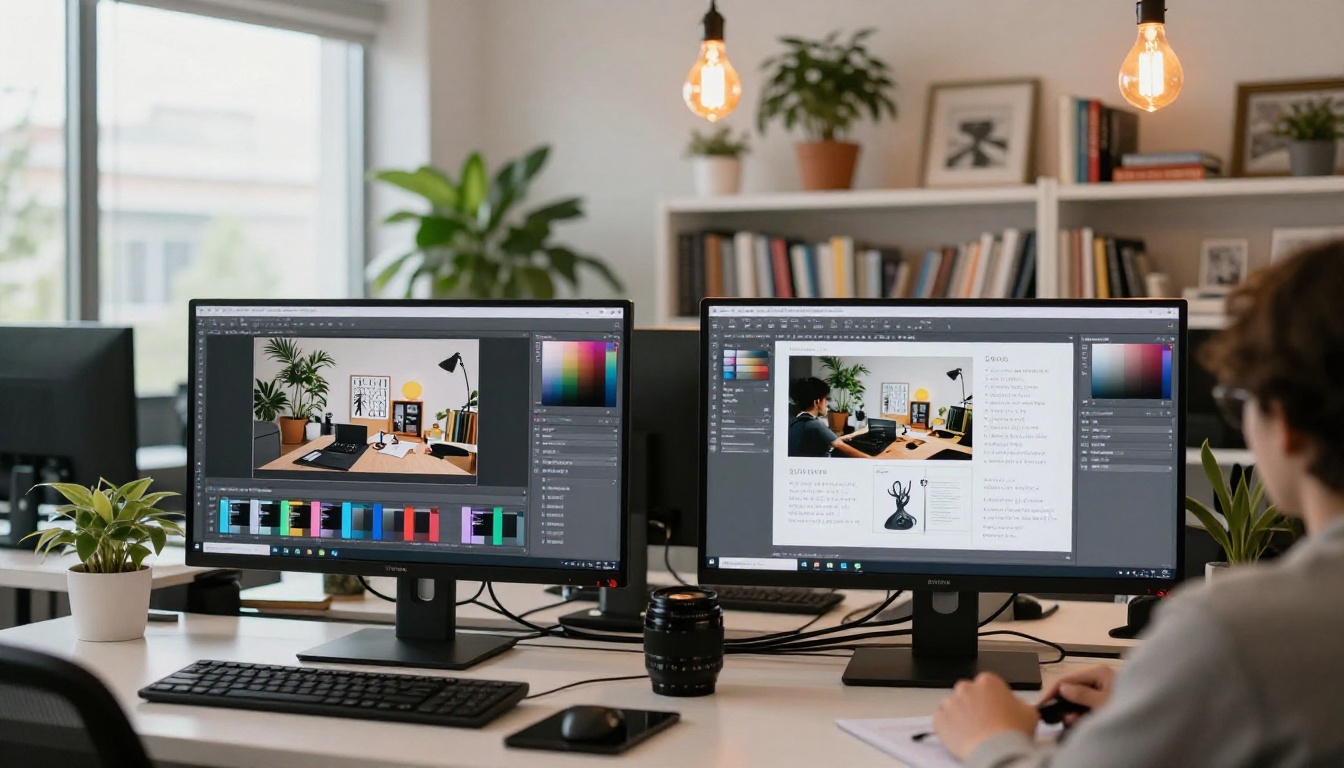 Wide studio view with monitors showing flipbook customization