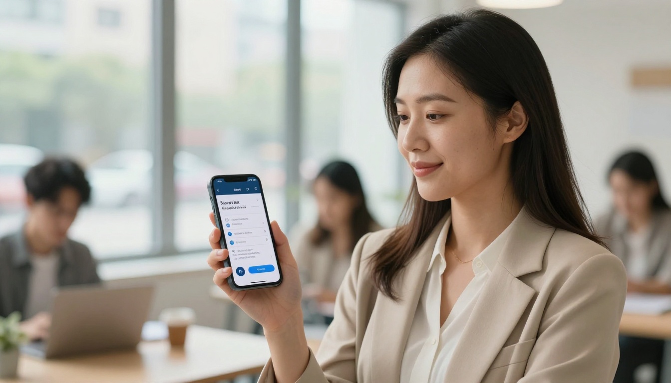 Woman sharing flipbook link on phone in co-working space
