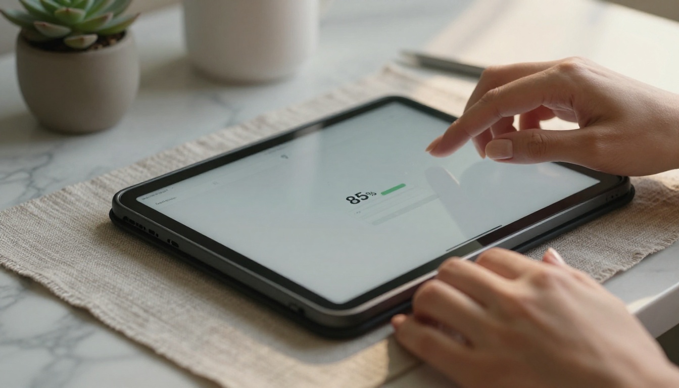 Close-up of hands uploading a PDF on an iPad Pro, warm marble surface with soft afternoon light