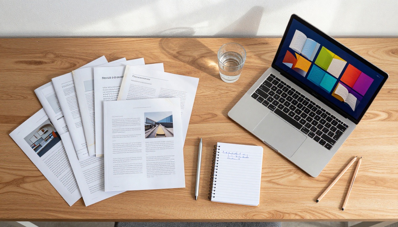 Aerial top-down flat lay of desk with printed PDF documents and MacBook displaying a bright interactive flipbook