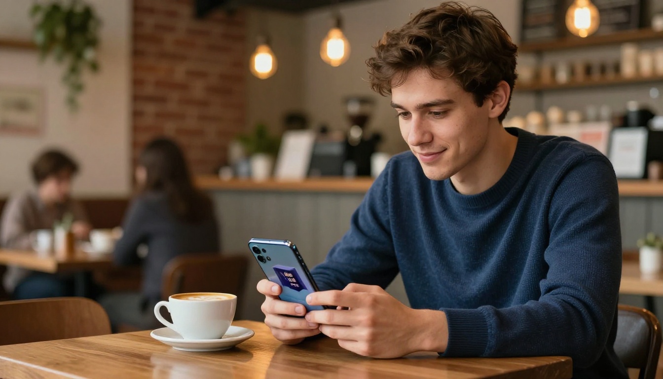 Young professional in a coffee shop browsing an interactive digital product catalog flipbook on his smartphone