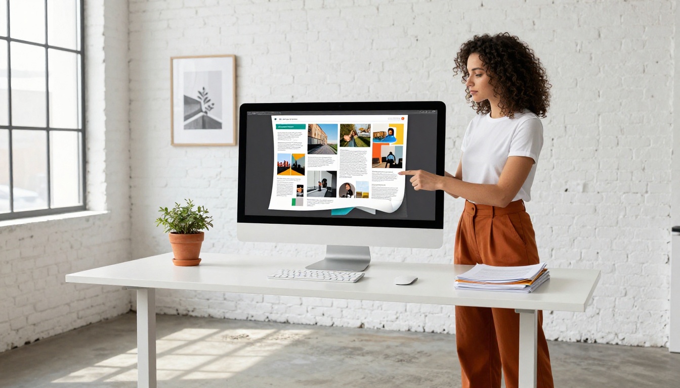 Creative woman with natural curly hair standing in a bright studio examining an interactive flipbook on a large iMac monitor
