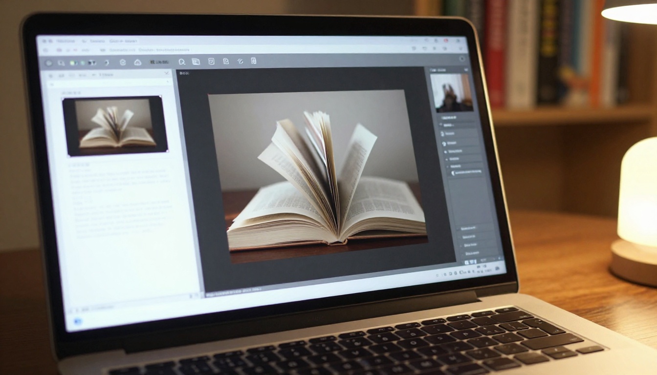 Tight close-up of a laptop screen displaying a PDF-to-flipbook conversion interface with page-turn animation mid-render