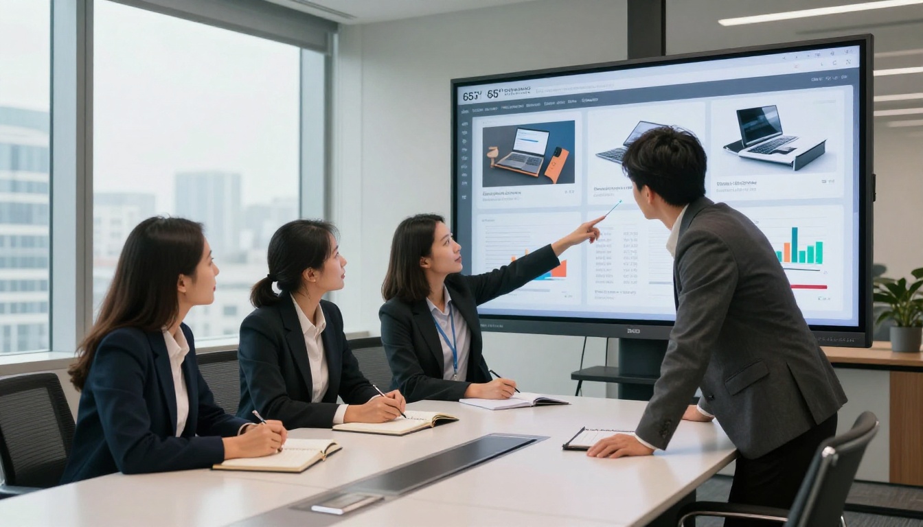 Three business professionals in a modern conference room reviewing a digital flipbook catalog on a large wall-mounted display