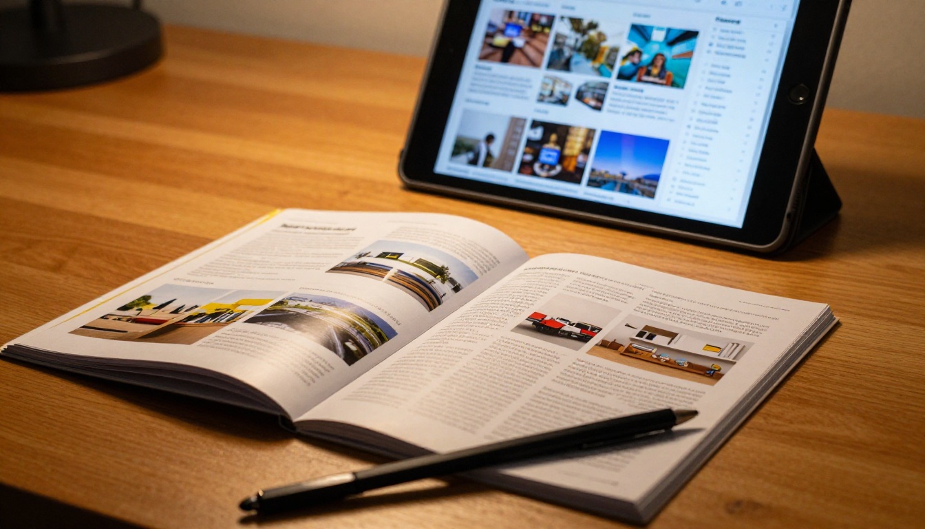 Low-angle close-up of an open printed brochure in the foreground with an iPad displaying the same content as a vivid digital flipbook behind it