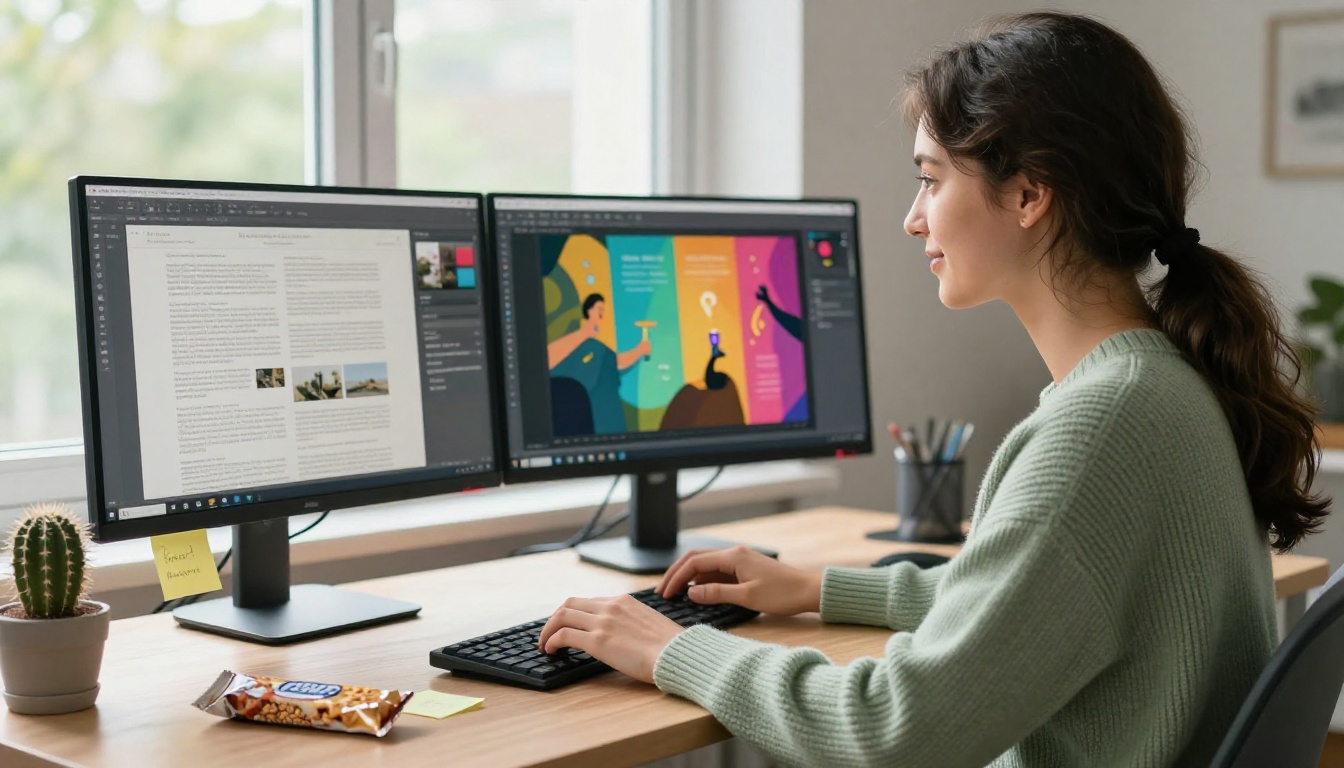 Young woman in a sage-green sweater working at a dual-monitor desk, PDF document on left screen and completed flipbook on right screen