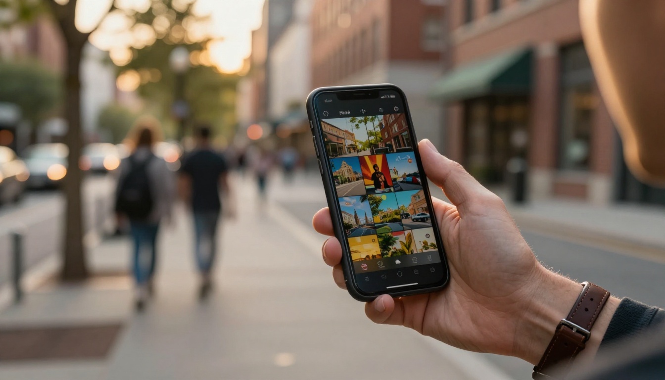 Man on a sunny city street holding a smartphone displaying an interactive flipbook with golden-hour light and blurred pedestrians behind him