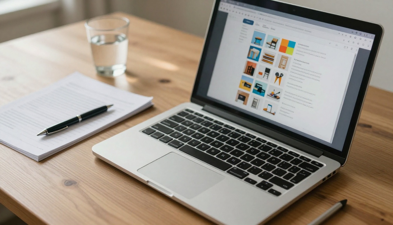 Digital flipbook interface on laptop with no watermark branding visible, warm natural daylight workspace