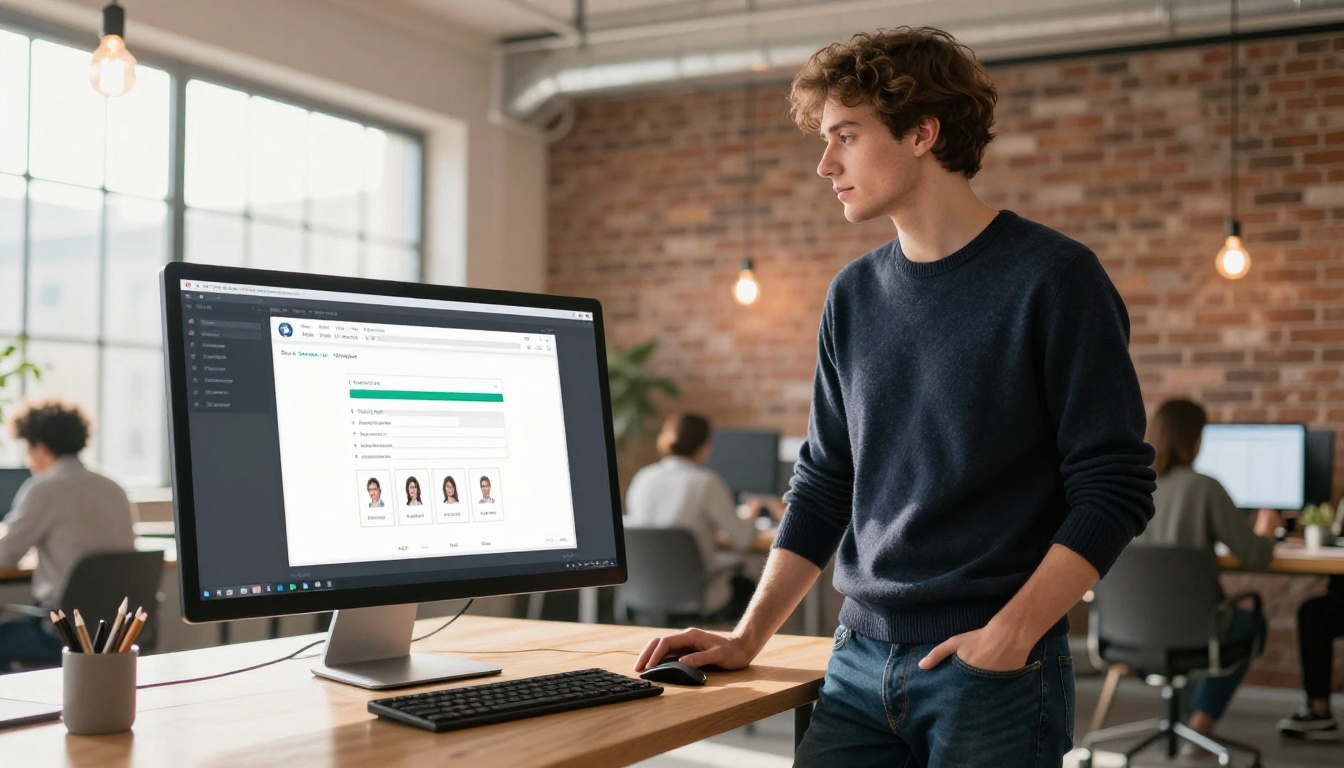 Entrepreneur at standing desk viewing flipbook upload dashboard on monitor in bright modern co-working space
