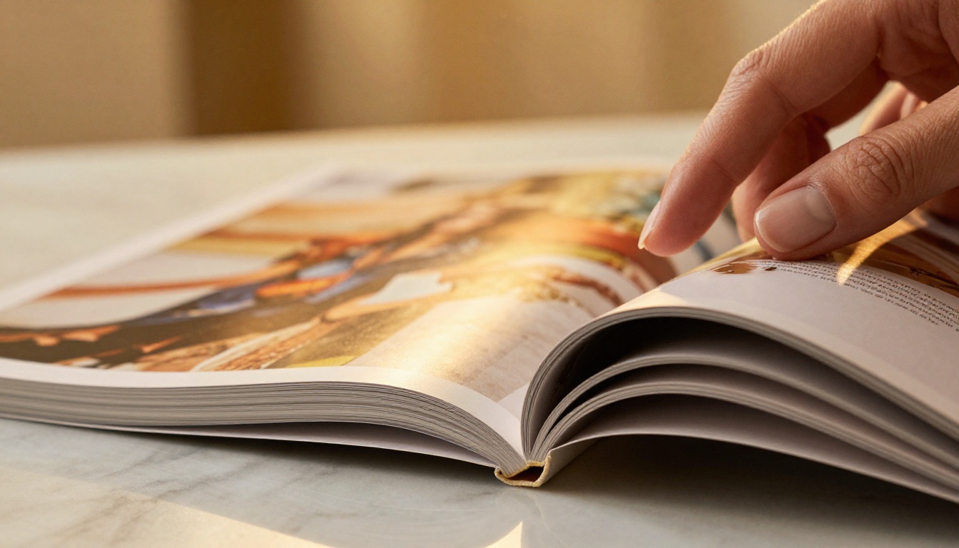 Close-up of hands turning glossy magazine pages with warm backlight showing paper texture and translucency