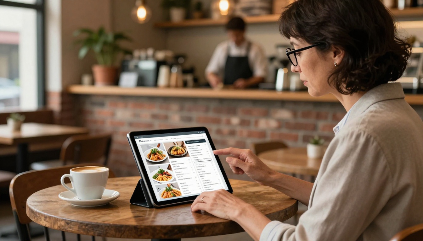 Small business owner in cafe reviewing interactive product catalog on tablet with coffee nearby