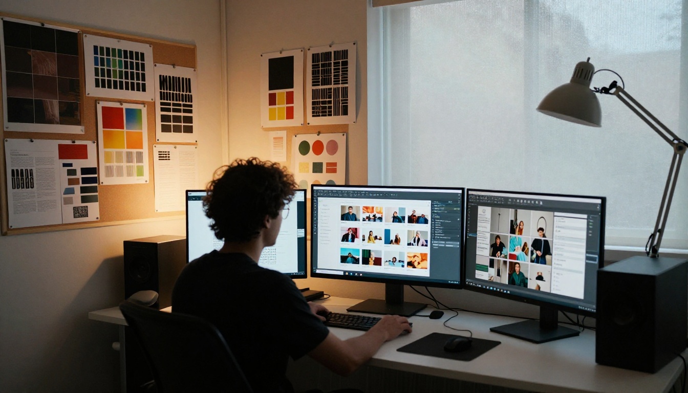 Creative studio workspace with multiple monitors showing flipbook builder interface and design mockups on walls