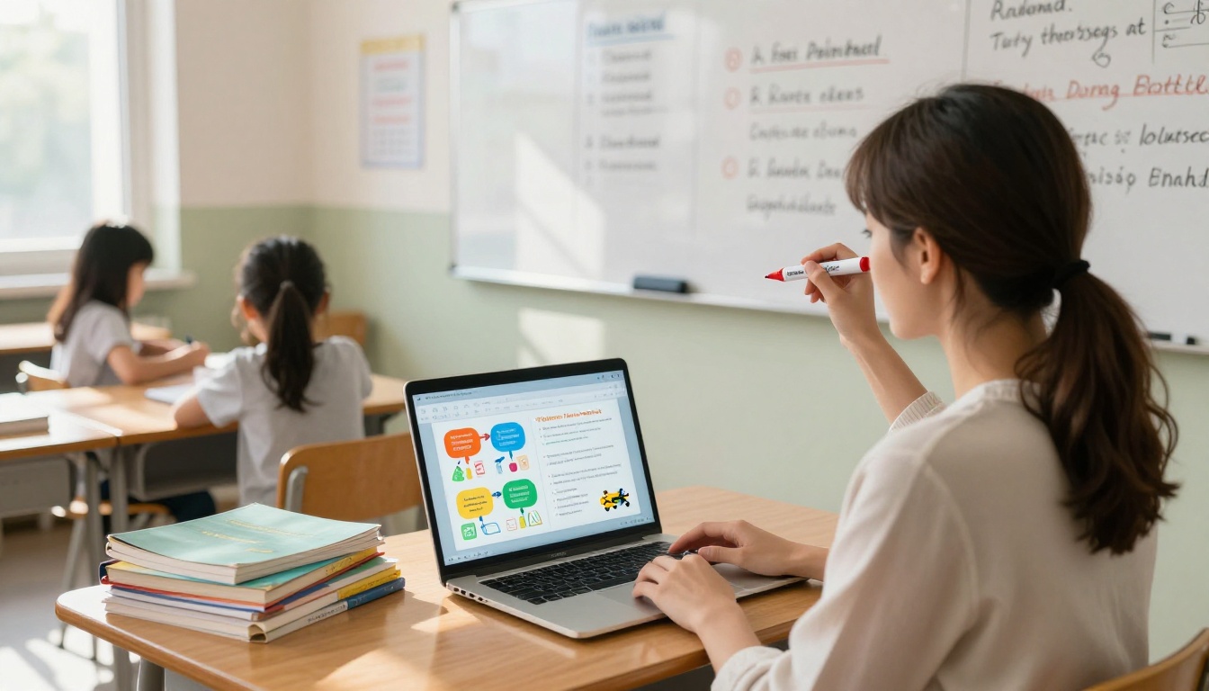Teacher at classroom desk with laptop showing educational flipbook, morning sunlight through classroom windows