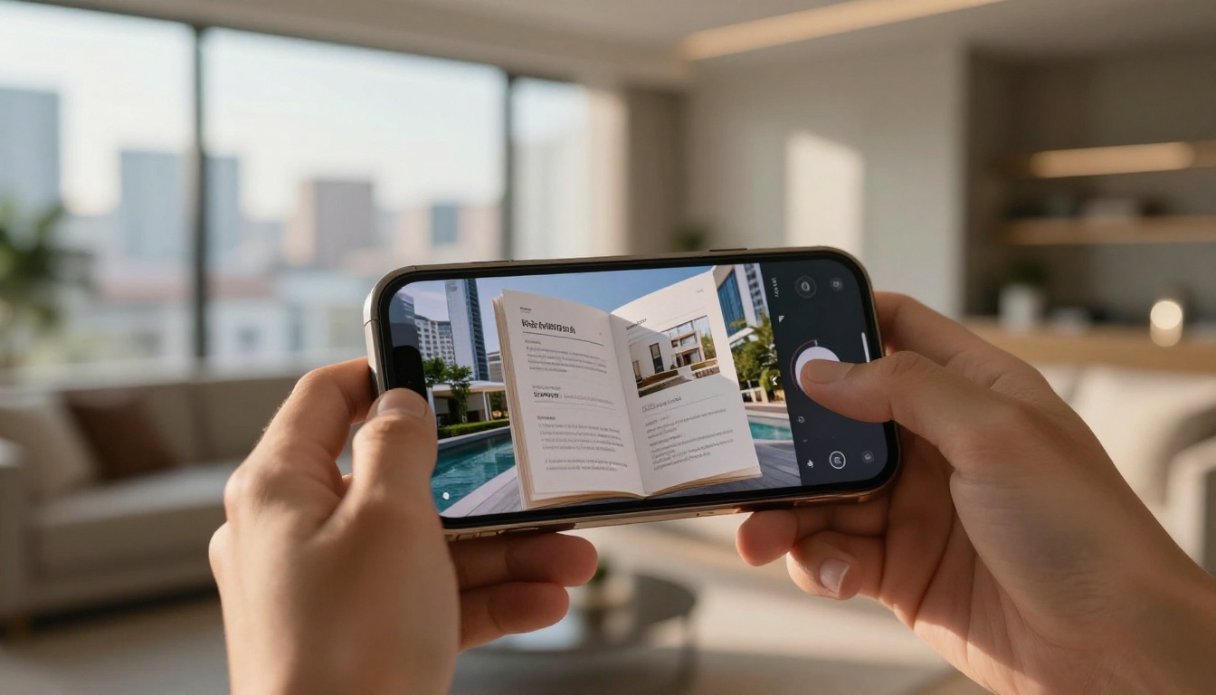 Smartphone held in two hands showing mobile digital flipbook with page-turn animation, apartment interior background