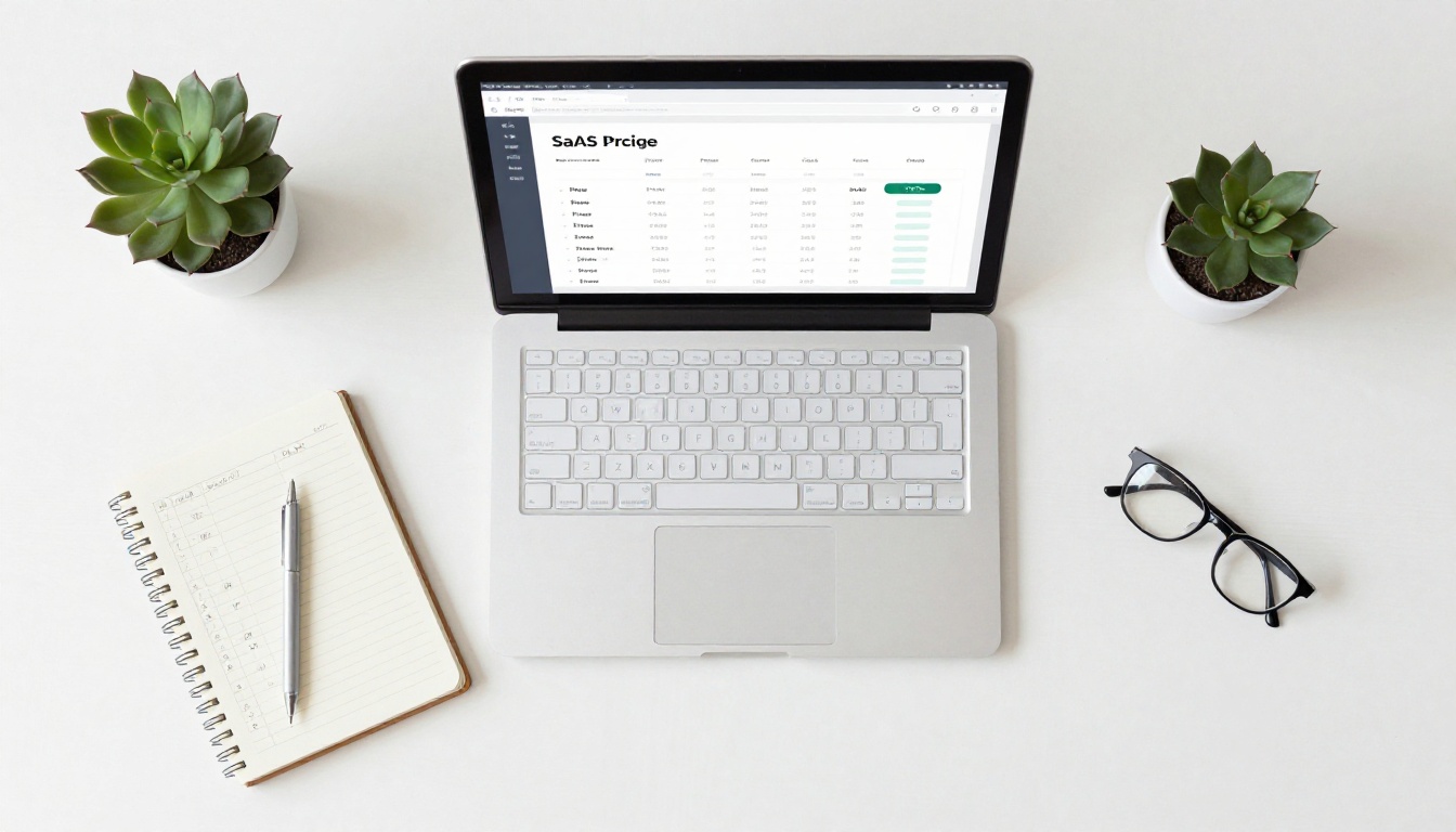 Flat lay aerial shot of white desk with MacBook showing pricing comparison, leather notebook and succulent nearby