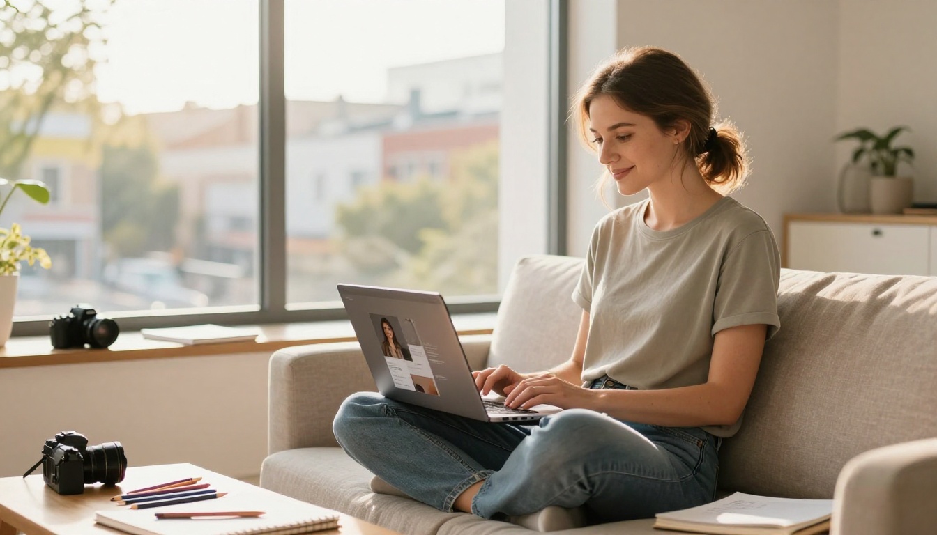Freelance creative woman on couch with laptop showing digital portfolio flipbook, sunny apartment windows behind her