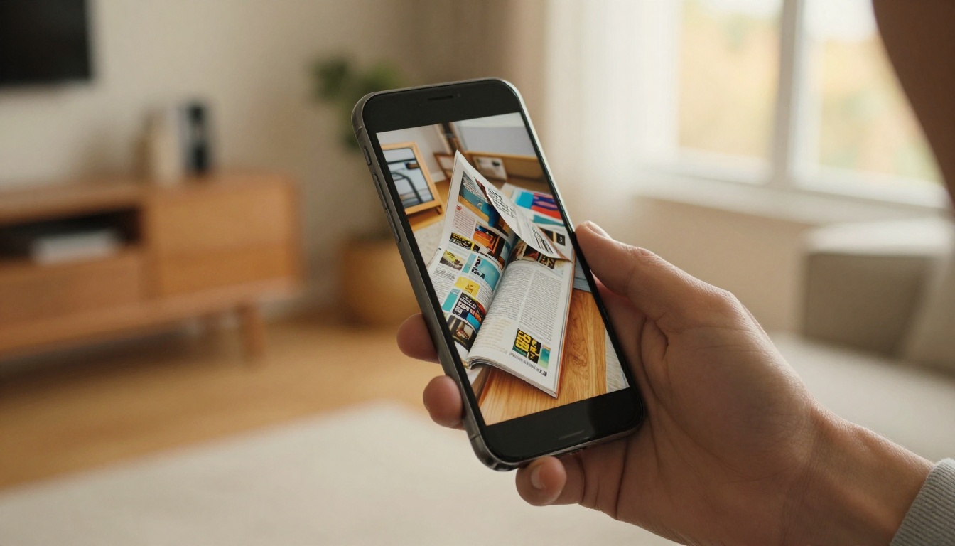 A man's hand holding a smartphone horizontally showing a colorful flipbook magazine spread mid-page-turn with warm natural bokeh background A man's hand holding a smartphone horizontally showing a colorful flipbook magazine spread mid-page-turn with warm natural bokeh background