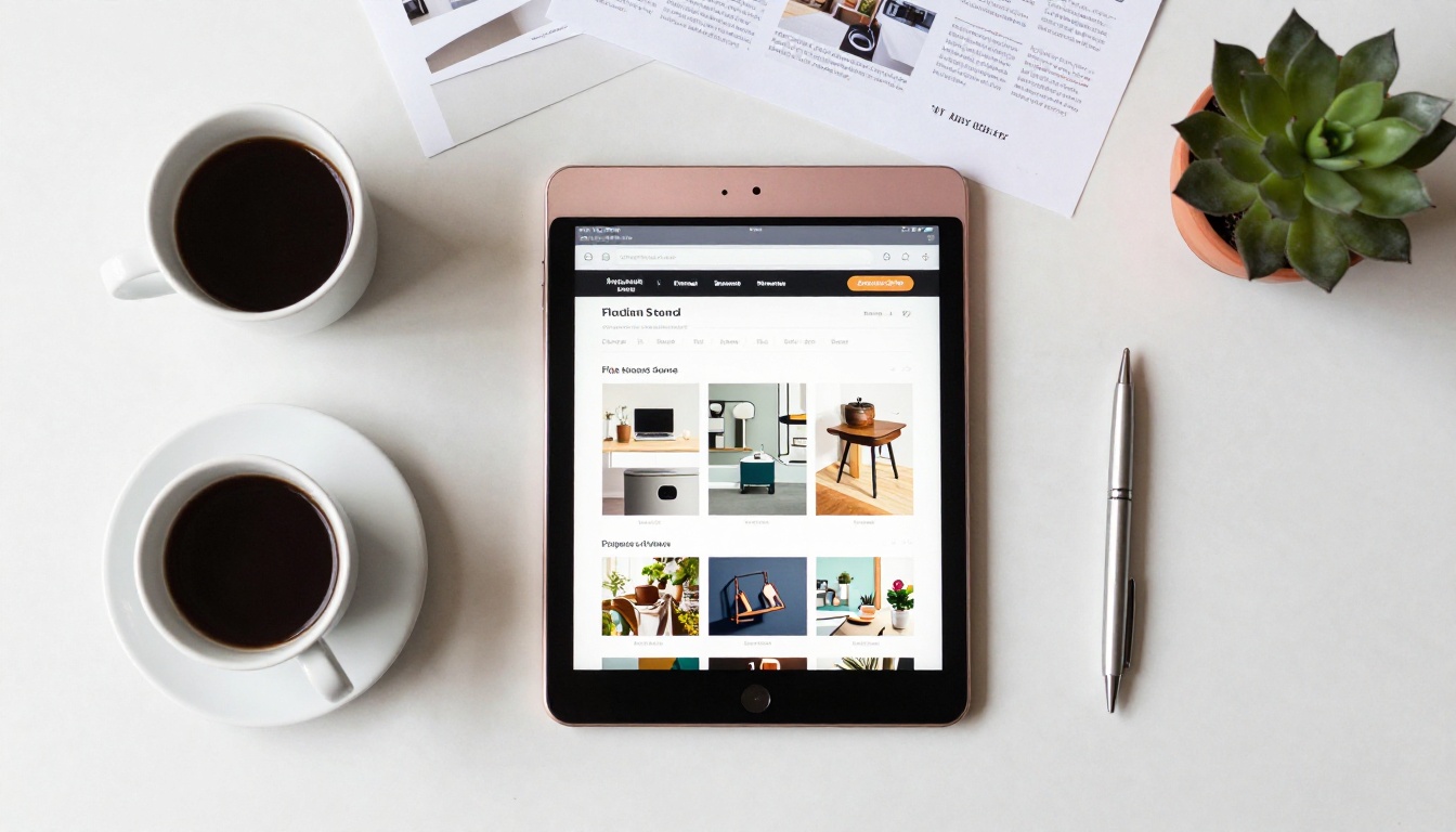 Aerial overhead flat lay of a rose gold iPad Pro on a white marble desk showing a product catalog flipbook, surrounded by a coffee cup and succulent Aerial overhead flat lay of a rose gold iPad Pro on a white marble desk showing a product catalog flipbook, surrounded by a coffee cup and succulent