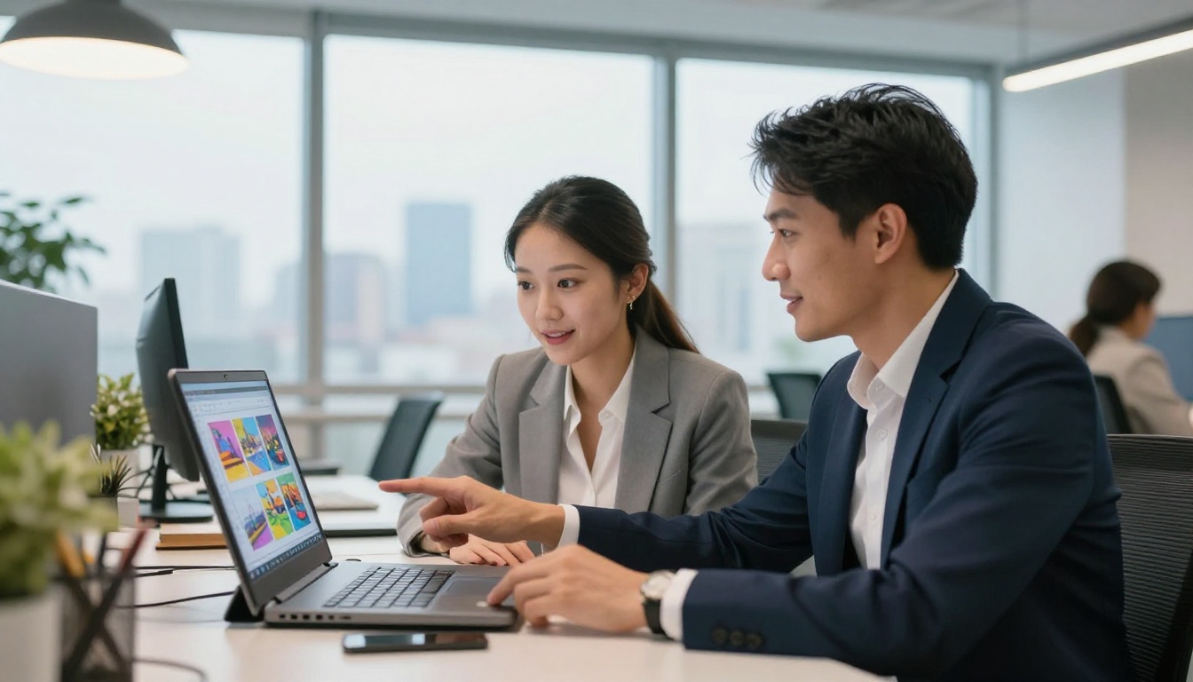 Two professionals reviewing a digital flipbook on a laptop in a modern bright office Two professionals reviewing a digital flipbook on a laptop in a modern bright office