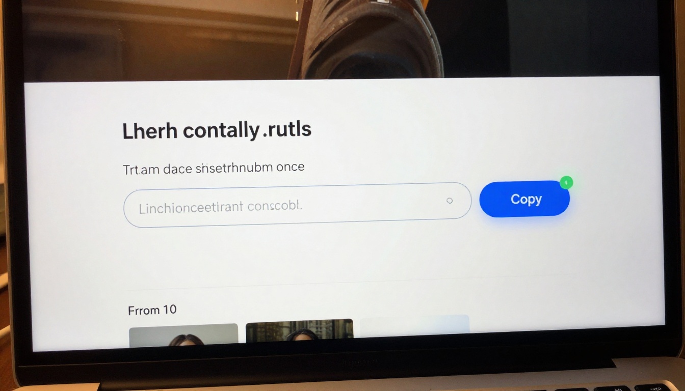 Close-up of a laptop screen showing a shareable URL in an input field next to a blue copy button with a confirmation tooltip Close-up of a laptop screen showing a shareable URL in an input field next to a blue copy button with a confirmation tooltip