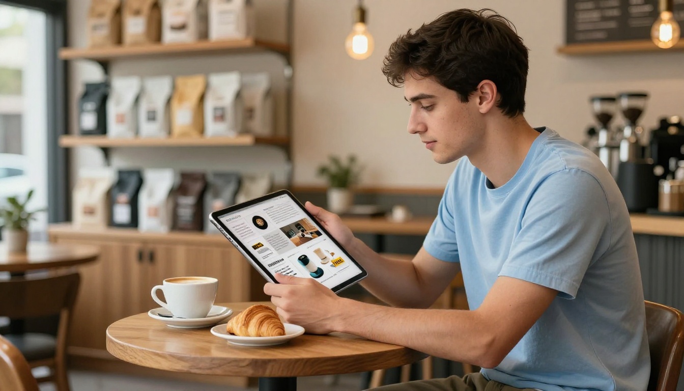 A young man at a café table holding a tablet showing a product catalog flipbook with warm ambient lighting A young man at a café table holding a tablet showing a product catalog flipbook with warm ambient lighting