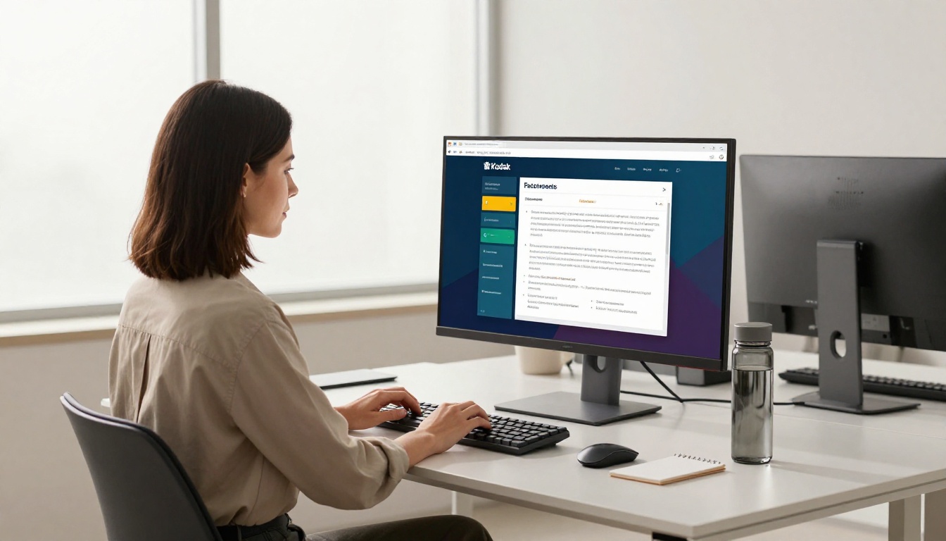 A professional woman typing at a standing desk with a business presentation flipbook visible on a wide monitor A professional woman typing at a standing desk with a business presentation flipbook visible on a wide monitor