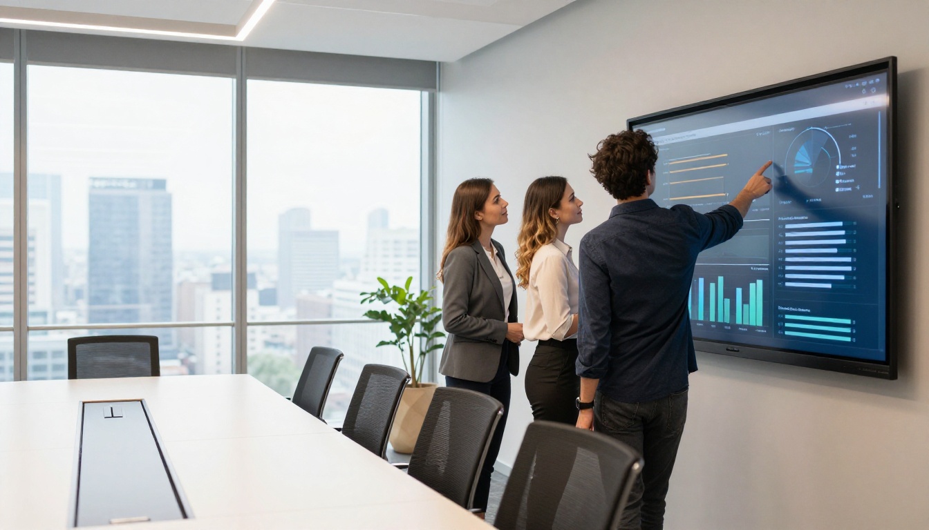Three business professionals in a conference room pointing at a digital flipbook report displayed on a large wall monitor Three business professionals in a conference room pointing at a digital flipbook report displayed on a large wall monitor