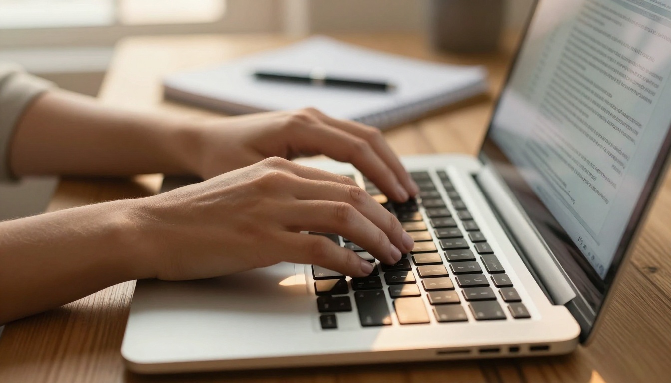 Close-up of hands typing on laptop with PDF document visible on screen Close-up of hands typing on laptop with PDF document visible on screen