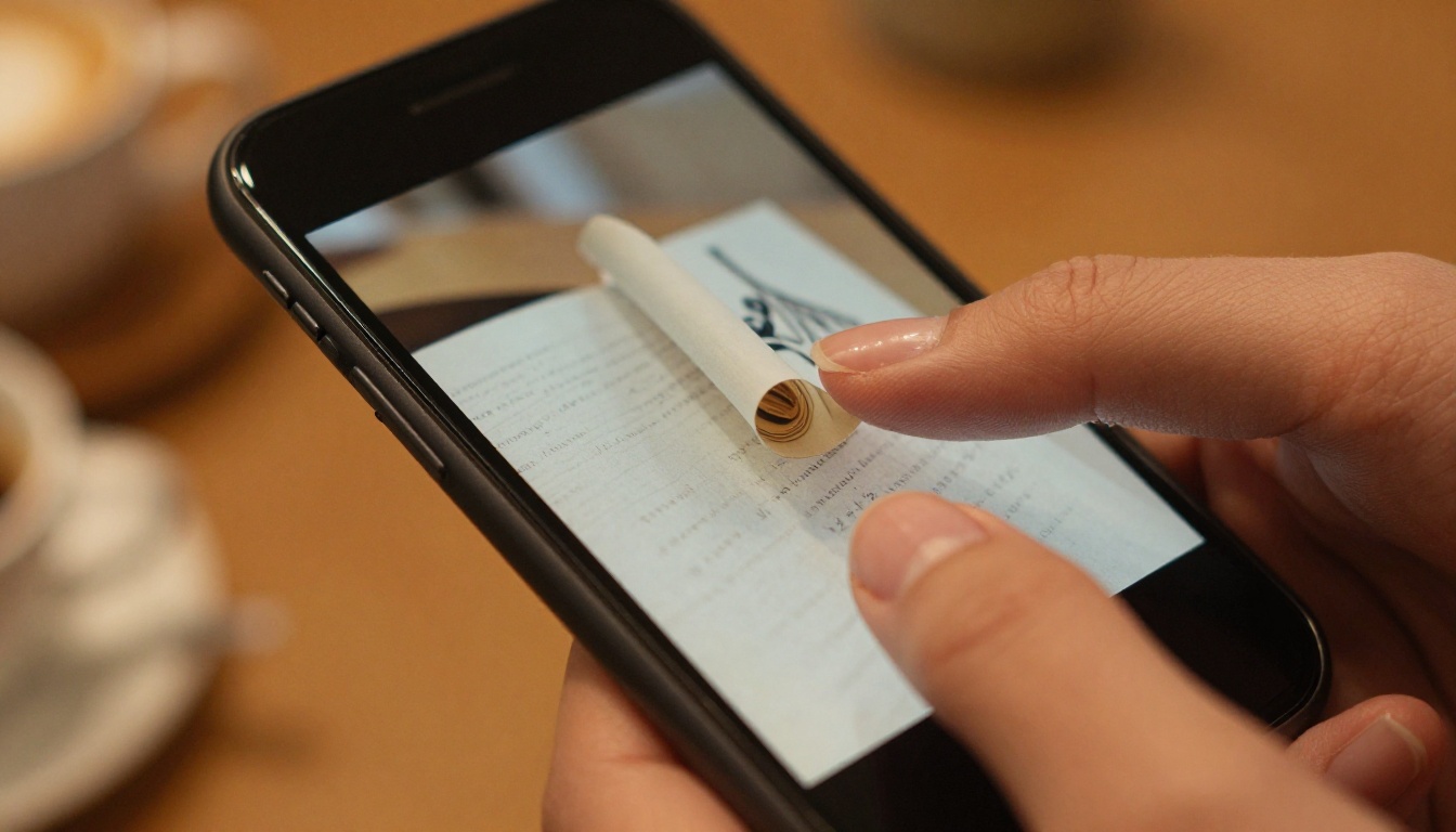 Extreme close-up of a smartphone screen held by female fingers showing a digital flipbook page mid-turn with realistic paper curl and warm amber bokeh background Extreme close-up of a smartphone screen held by female fingers showing a digital flipbook page mid-turn with realistic paper curl and warm amber bokeh background