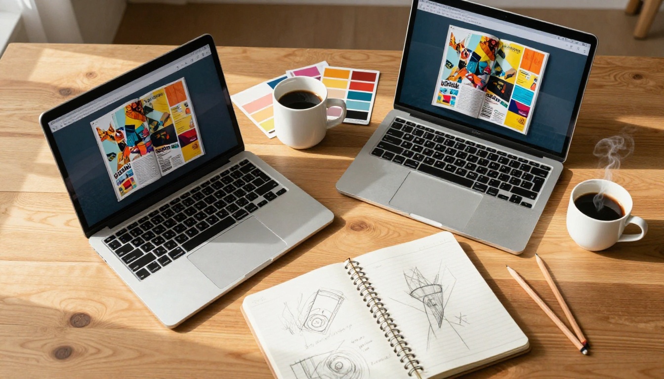 Creative workspace with laptop displaying a digital flipbook aerial view Creative workspace with laptop displaying a digital flipbook aerial view