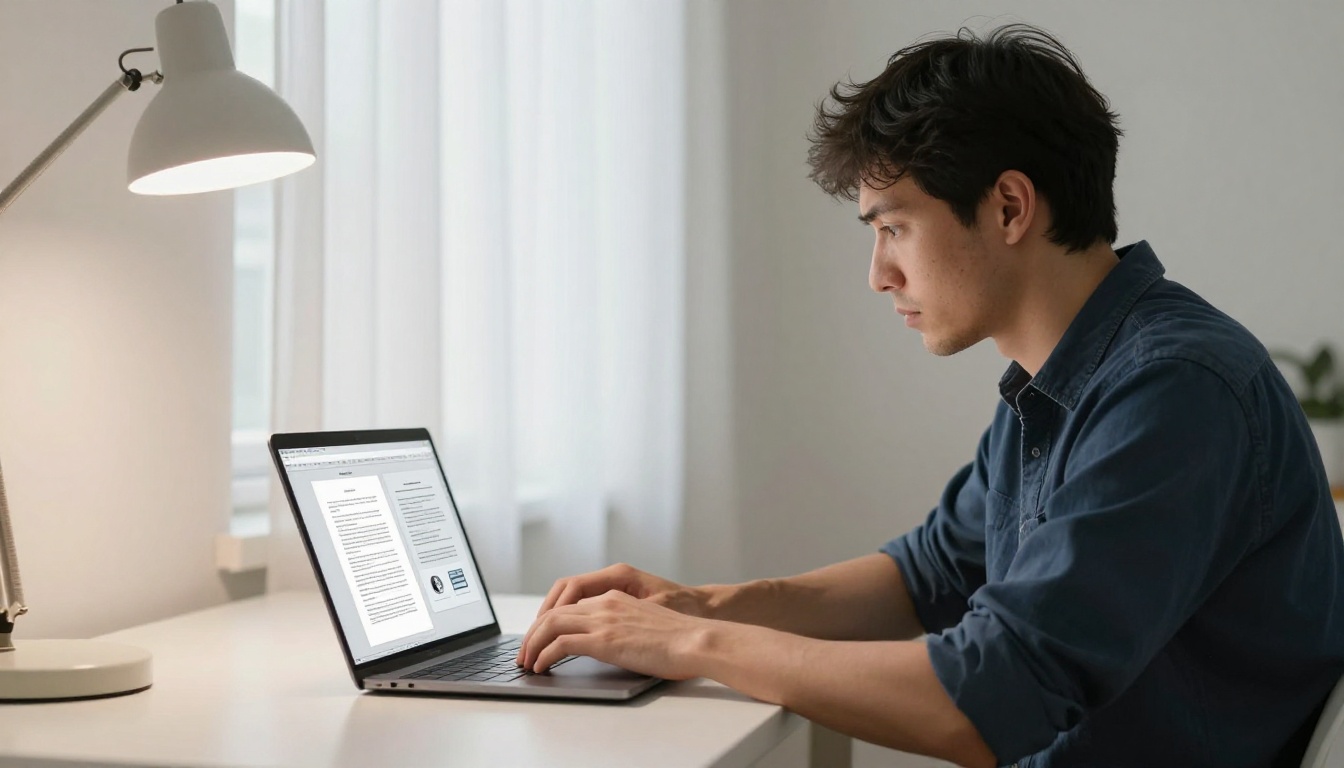 Young man comparing PDF document versus interactive flipbook on laptop Young man comparing PDF document versus interactive flipbook on laptop