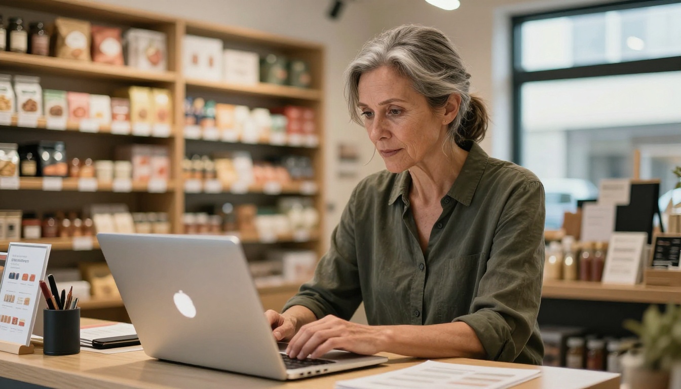 Small business owner showing digital product catalog on laptop Small business owner showing digital product catalog on laptop