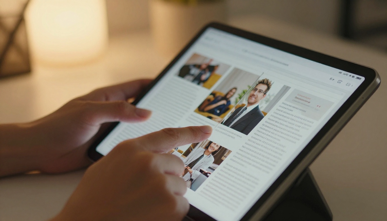 Hands holding tablet with digital flipbook mid-page-turn Hands holding tablet with digital flipbook mid-page-turn