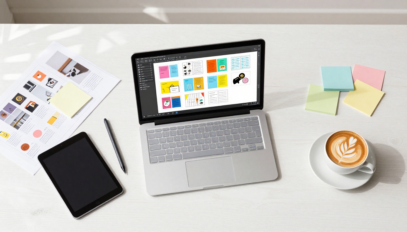 Aerial view of designer workspace with laptop showing flipbook software interface Aerial view of designer workspace with laptop showing flipbook software interface