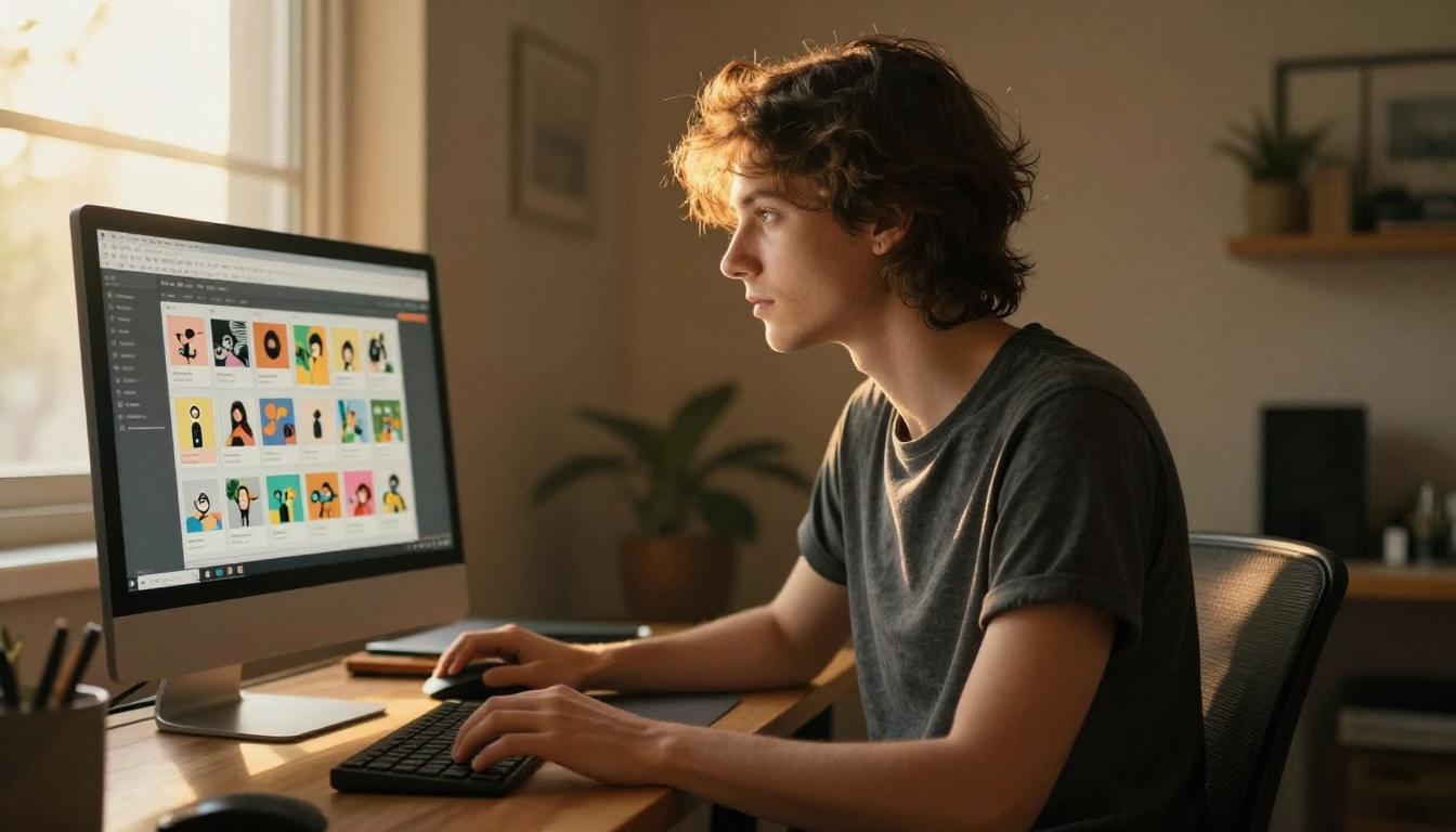 Designer customizing flipbook template at standing desk with golden light Designer customizing flipbook template at standing desk with golden light