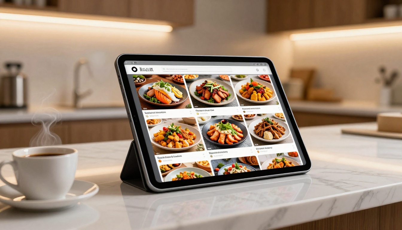 Restaurant menu flipbook displayed mid-flip on marble kitchen counter Restaurant menu flipbook displayed mid-flip on marble kitchen counter