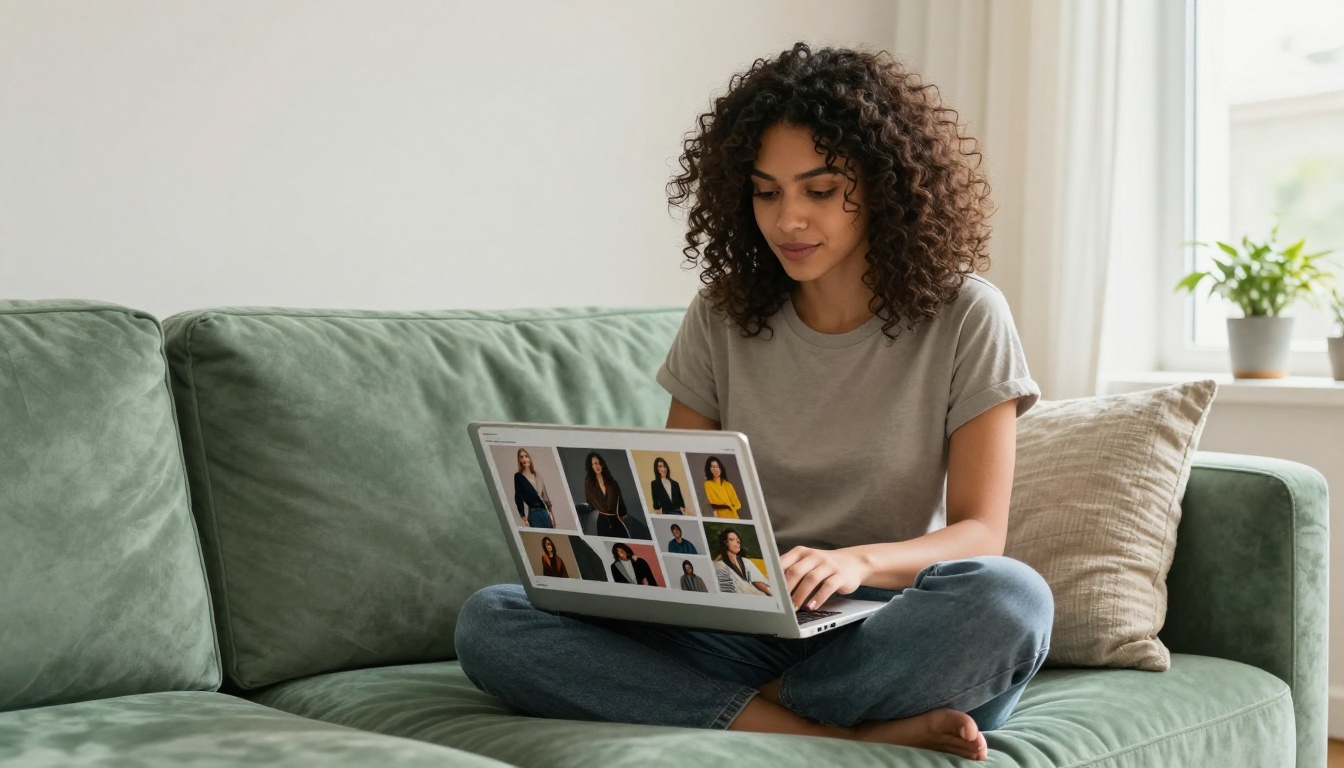 Fashion designer browsing lookbook flipbook on laptop while sitting on velvet couch Fashion designer browsing lookbook flipbook on laptop while sitting on velvet couch