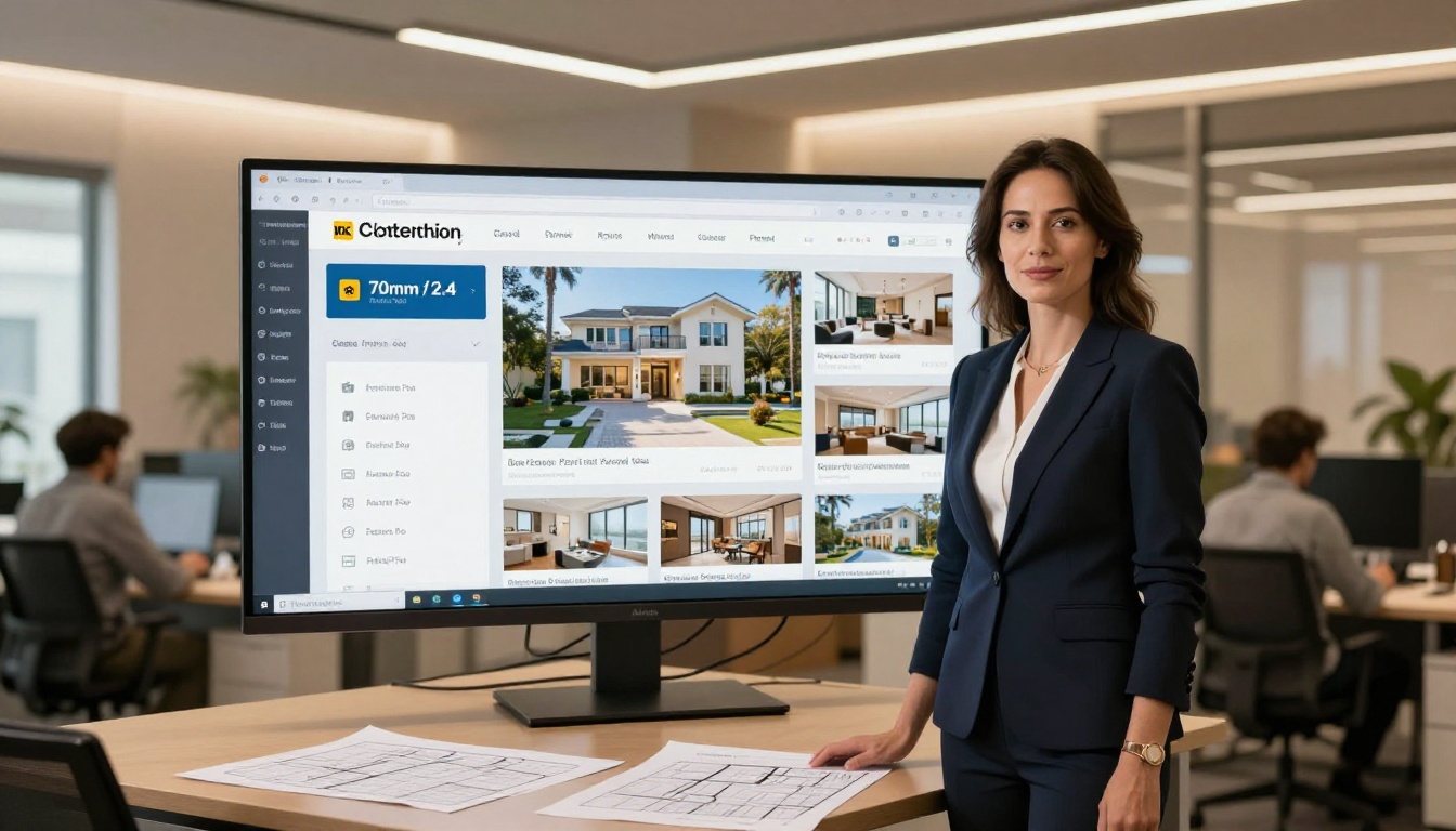 Real estate agent standing beside large monitor showing property brochure flipbook Real estate agent standing beside large monitor showing property brochure flipbook