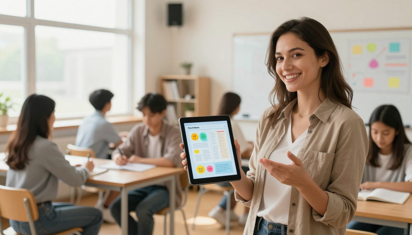 Educator holding tablet with interactive digital textbook in bright classroom Educator holding tablet with interactive digital textbook in bright classroom