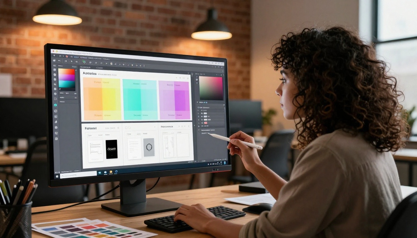 Designer customizing a flipbook with brand colors and logo on a widescreen monitor Designer customizing a flipbook with brand colors and logo on a widescreen monitor
